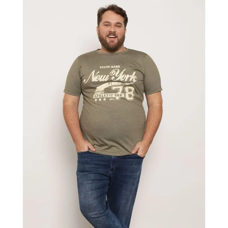 Camiseta Plus Size Masculina Manga Curta Estampa New York Verde G3