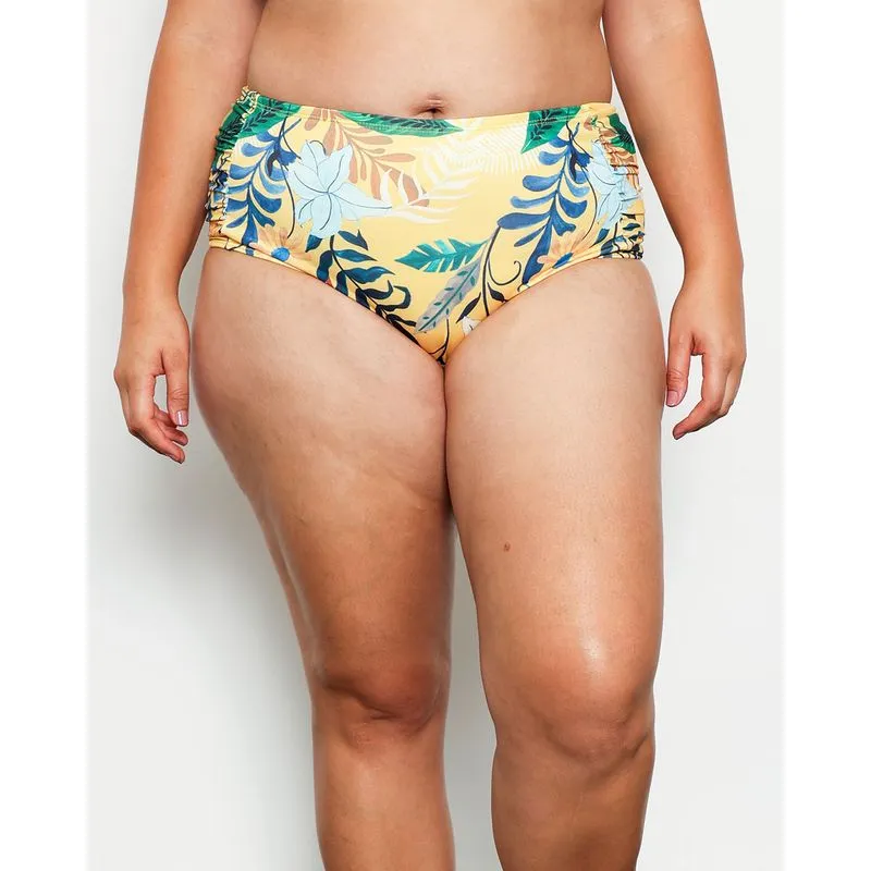 Biquíni Calcinha Plus Size Feminina Avulsa Estampado Folhagem Amarelo 52