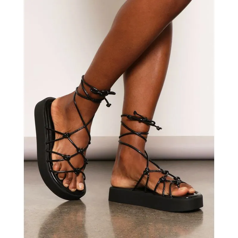 Sandália Feminina Flatform Tiras Para Amarração Preta 35