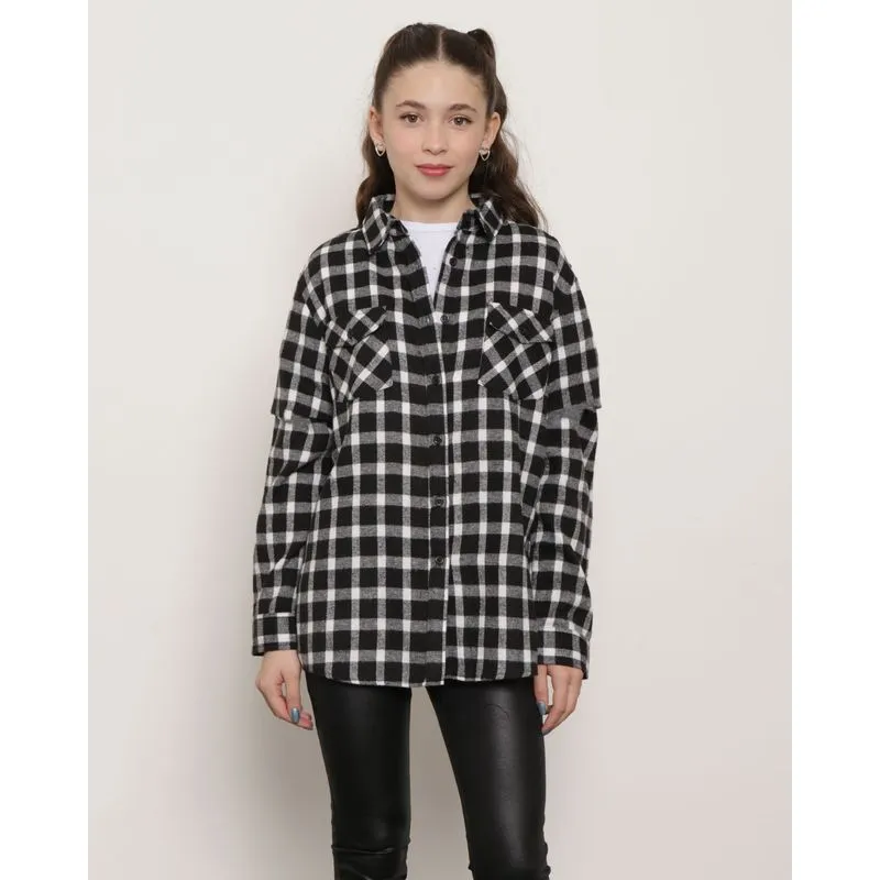 Camisa Juvenil Manga Longa Estampada Xadrez Preta 14