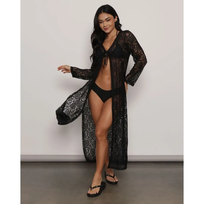 Saida De Praia Feminino Kimono Manga Longa Renda Preto M