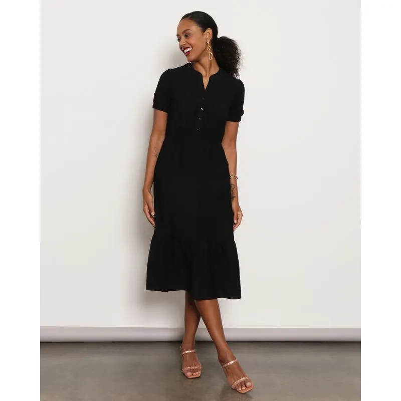 Vestido Feminino Berry & Co. Midi Manga Curta Preto GG