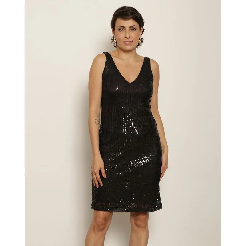 Vestido Feminino Berry & Co. Alcinha Midi Paetê Preto G