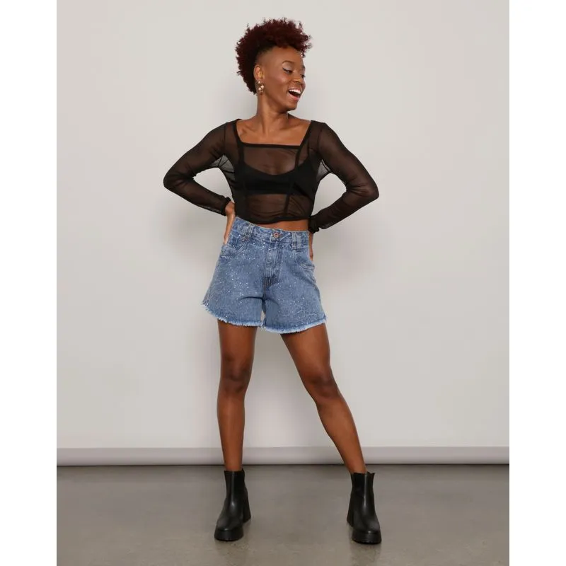 Short Jeans Feminino Curto Desfiado Strass Azul 46