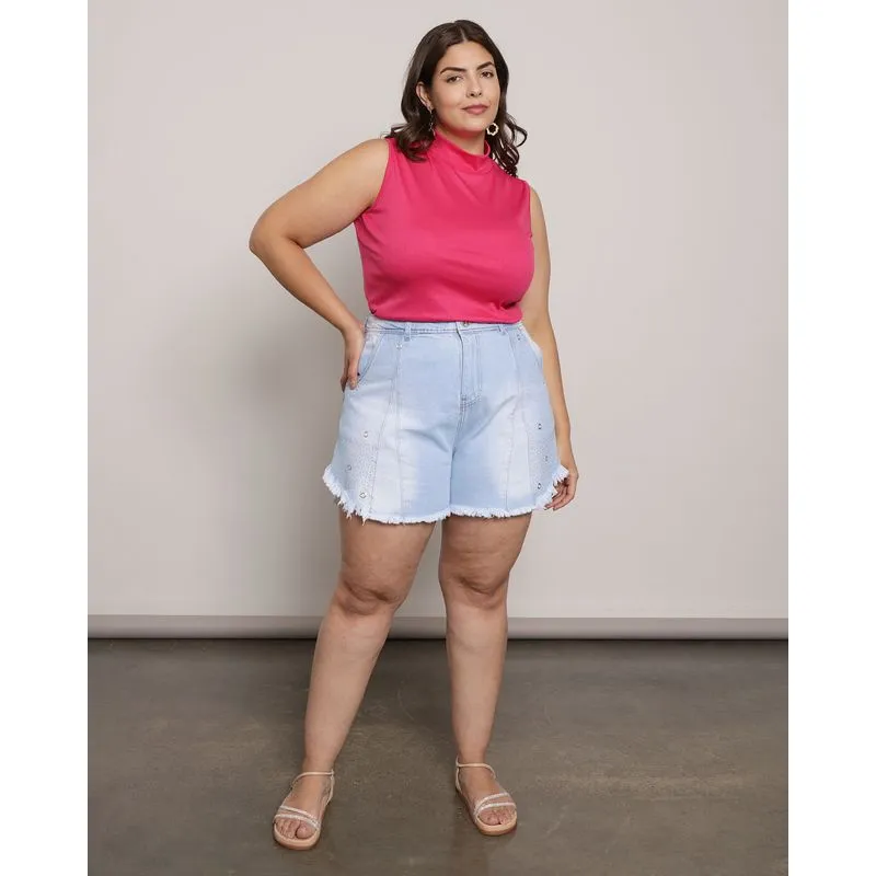 Short Jeans Plus Size Feminino Curto Aplique Glitter Azul 46