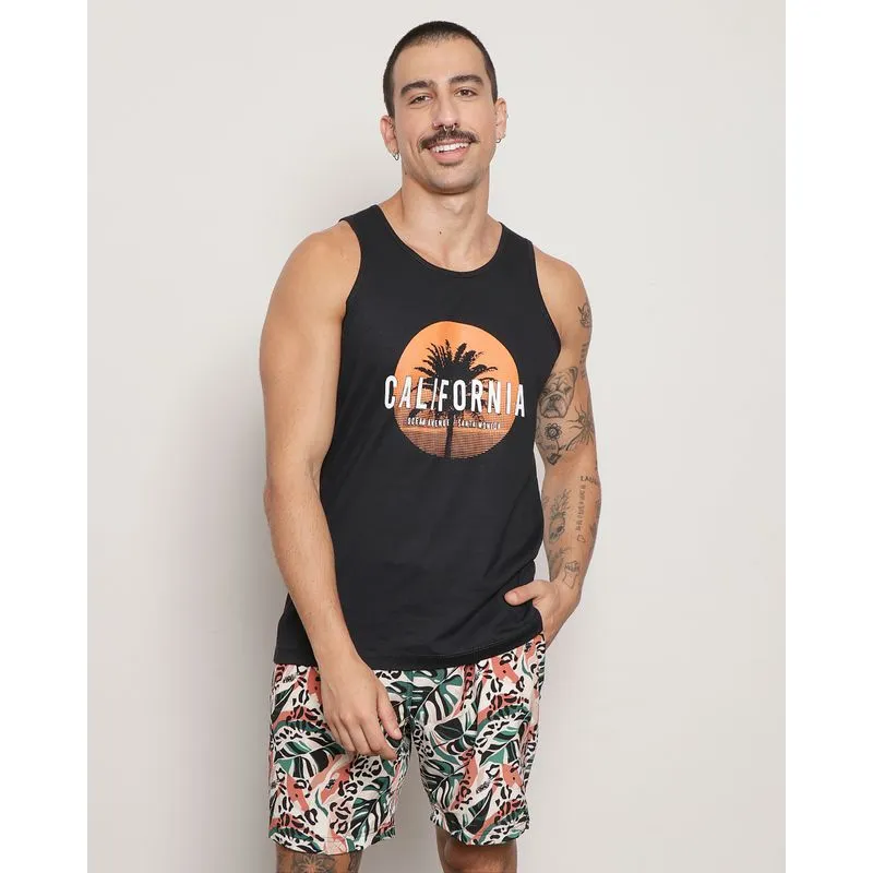 Regata Masculina Surf Estampa Tropical Preta UN