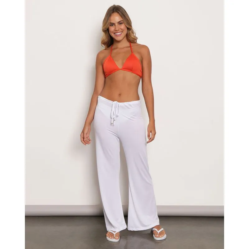 Calça Feminina Saída De Praia Pantalona Texturizada Branca G