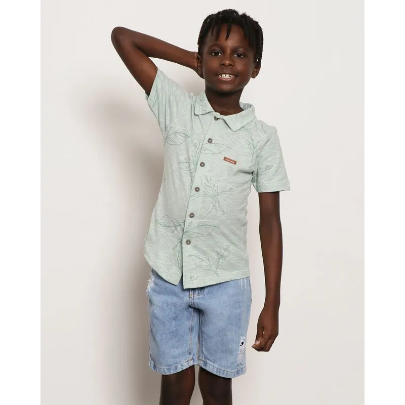 Camisa Infantil Manga Curta Estampada Folhagem Verde 4