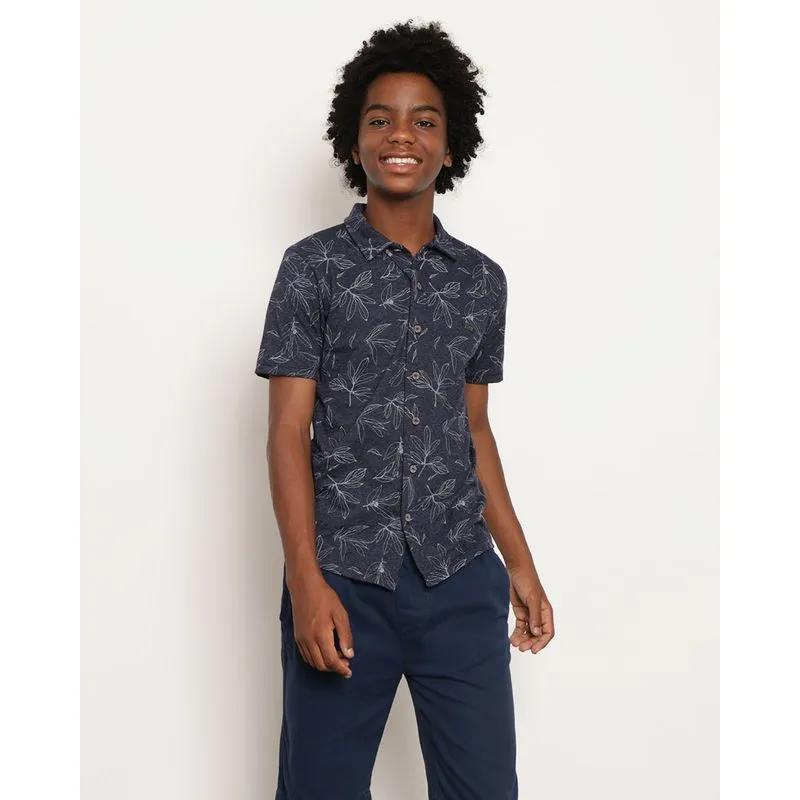 Camisa Juvenil Manga Curta Estampa Folhagem Marinho 16