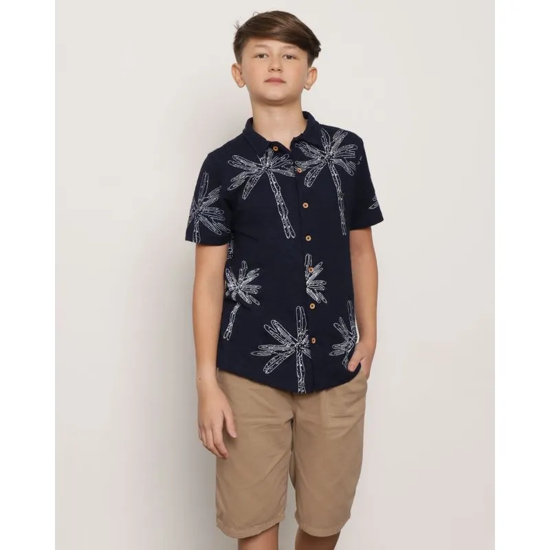 Camisa Juvenil Algodão Estampa Tropical Marinho 16