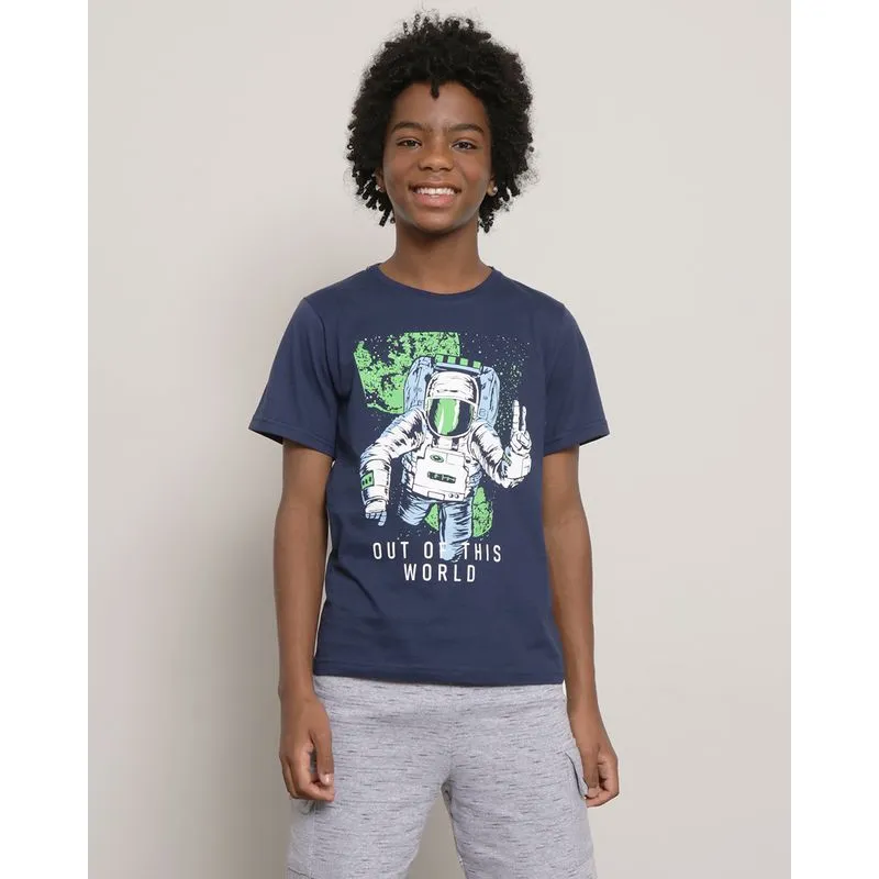 Camiseta Juvenil Estampa Astronauta Manga Curta Marinho 14