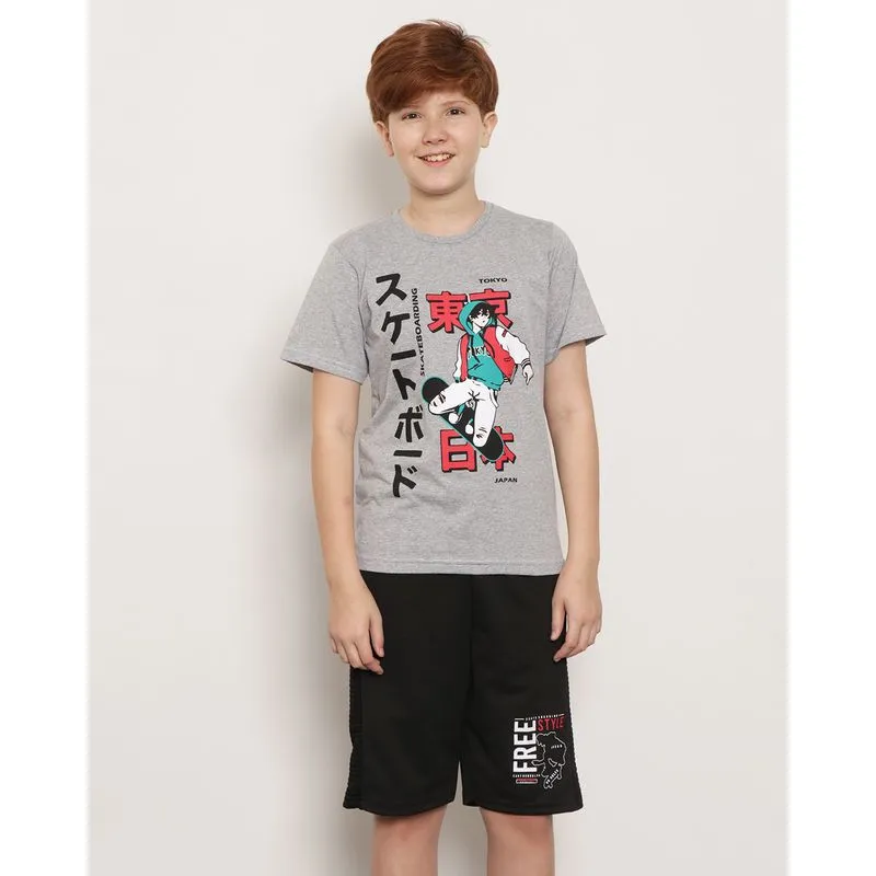 Camiseta Juvenil Manga Curta Estampa Anime Mescla Cinza 10