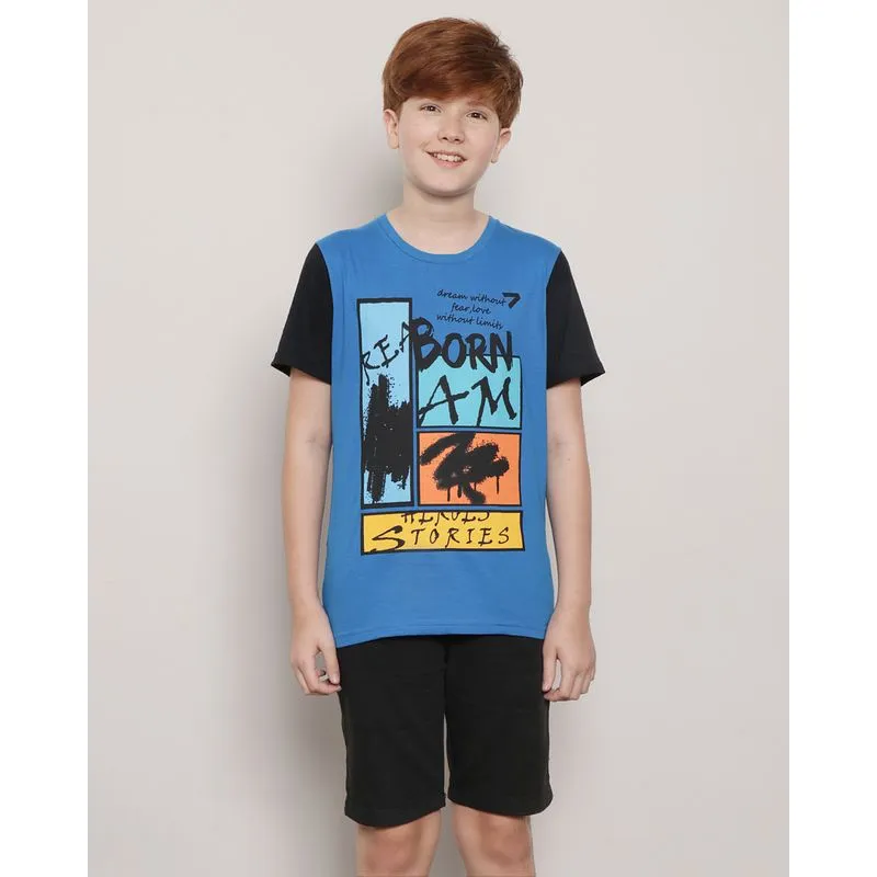 Camiseta Juvenil Manga Curta Estampada Azul 14