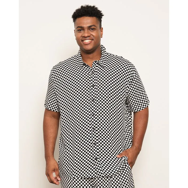 Camisa Plus Size Masculina Casual Estampada Preta G3