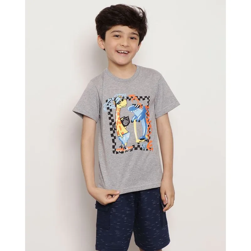 Camiseta Infantil Manga Curta Estampa Frontal Girafa e Tubarão Cinza 6