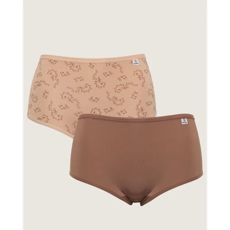 Kit 2 Calcinhas Feminina DelRio Microfibra Alta Floral Bege Marrom XG