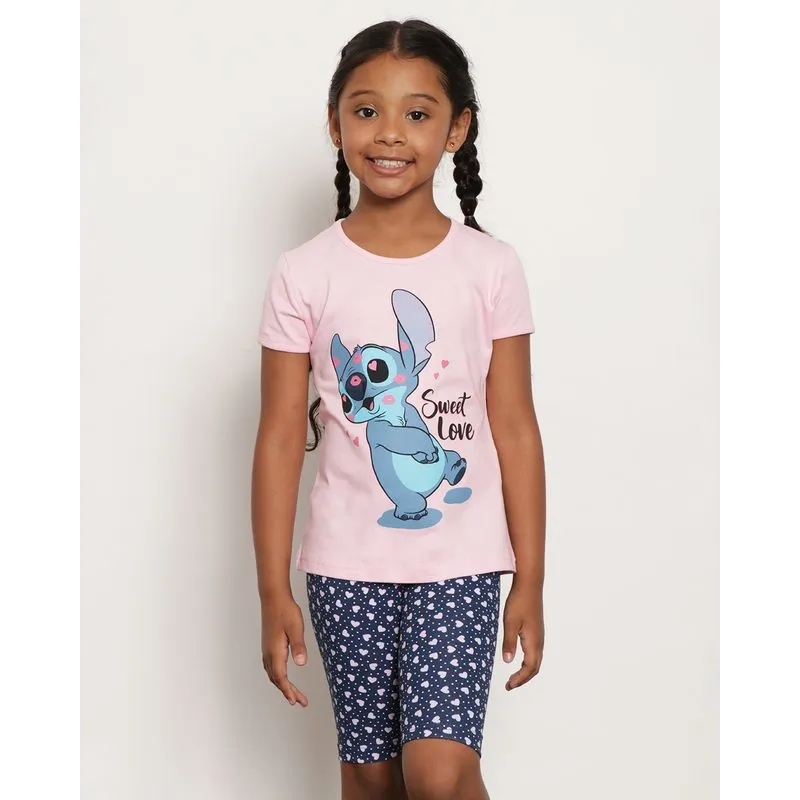 Conjunto Infantil Estampa Disney Stitch Curto Cliclista Rosa 6