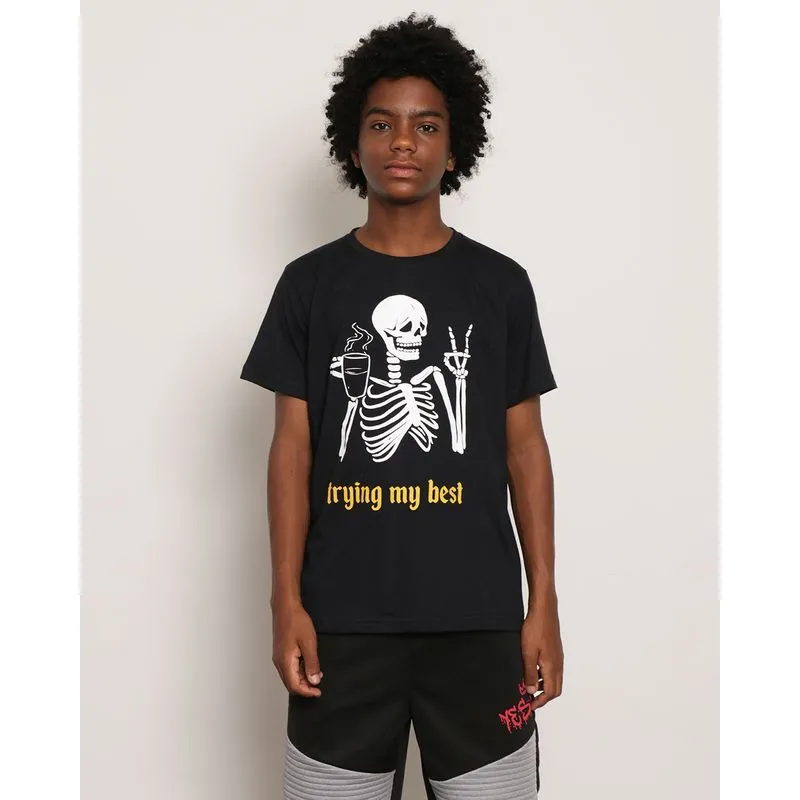 Camiseta Juvenil Manga Curta Estampa Dark Preta 12