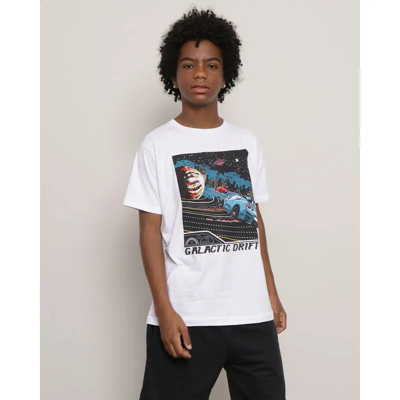 Camiseta Juvenil Estampa Galactic Drift Manga Curta Branca 12
