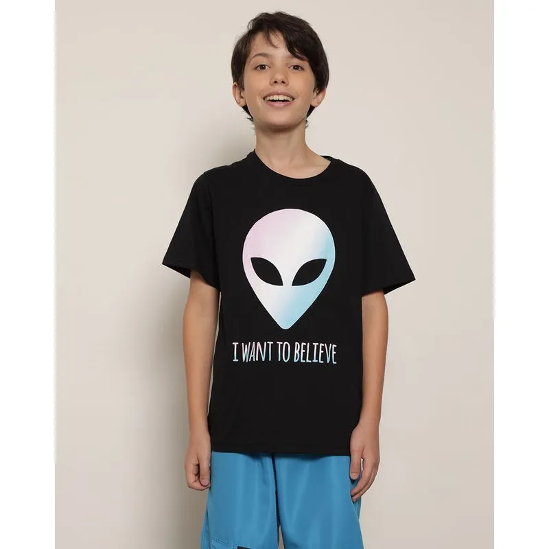 Camiseta Juvenil Menino com Estampa Frente Manga Curta Gola Careca Preta 12