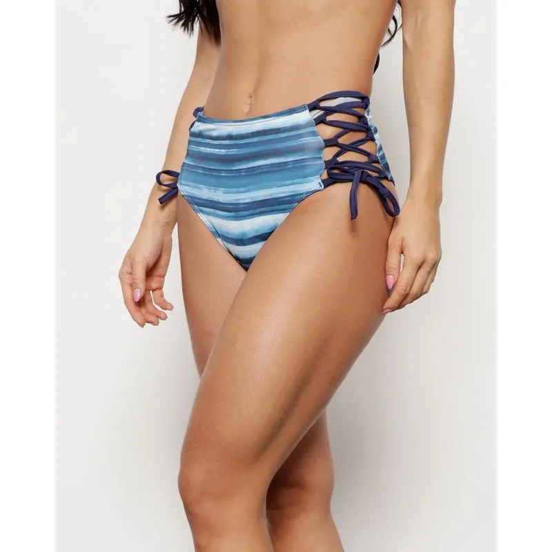 Biquíni Calcinha Hot Pants Amarração Lateral Listrado Azul M