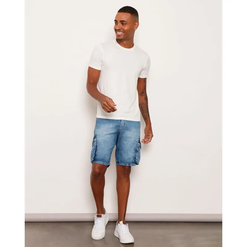 Bermuda Jeans Masculina Bolso Cargo Estonado Azul 38