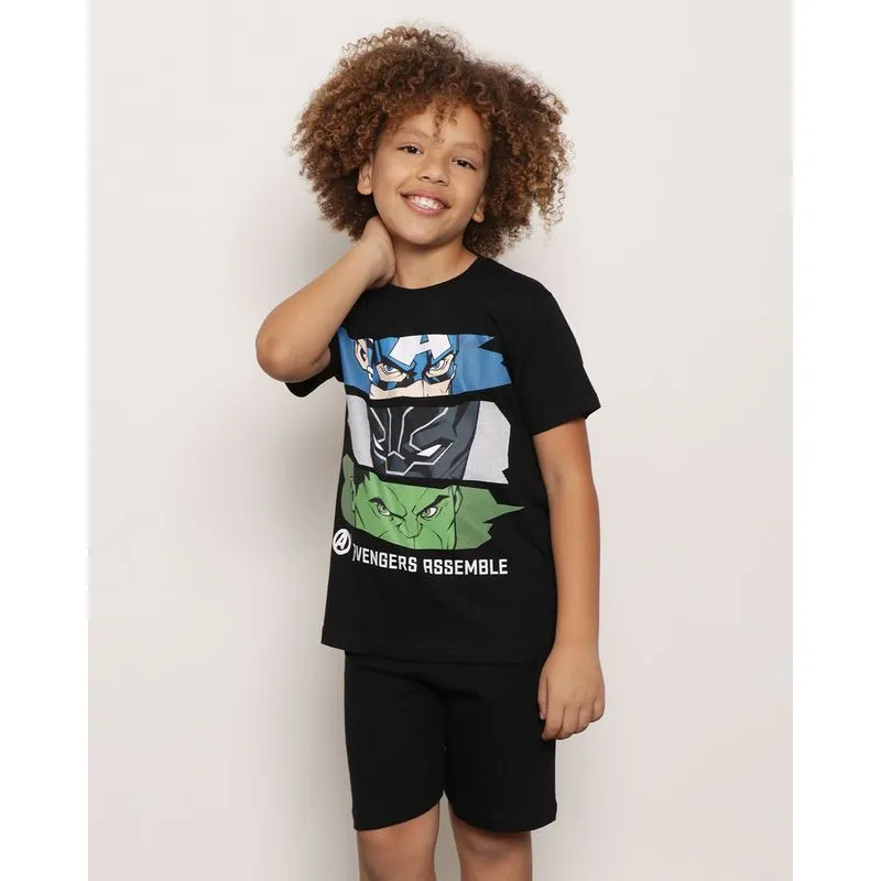 Camiseta Infantil Manga Curta Marvel Estampa Vingadores Preta 6