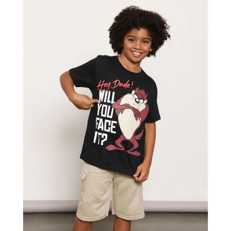 Camiseta Infantil Manga Curta Warner Estampa Taz Preta 8