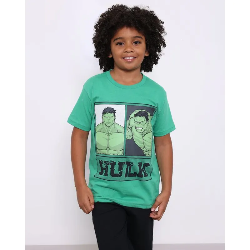Camiseta Infantil Menino Marvel Estampa Hulk Manga Curta Reta Verde 10