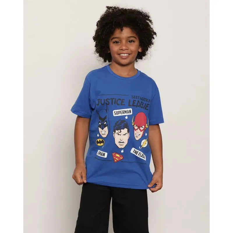 Camiseta Infantil DC Comics Manga Curta Estampa Liga Da Justiça Azul 10