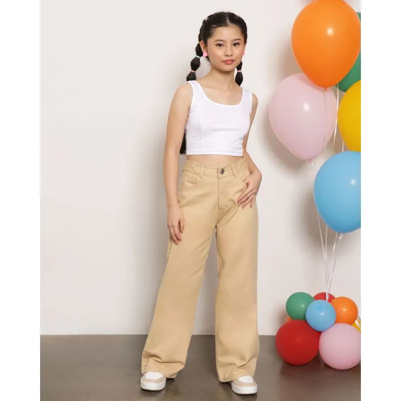 Calça Juvenil Sarja Wide Leg Com Bolso Bege 10