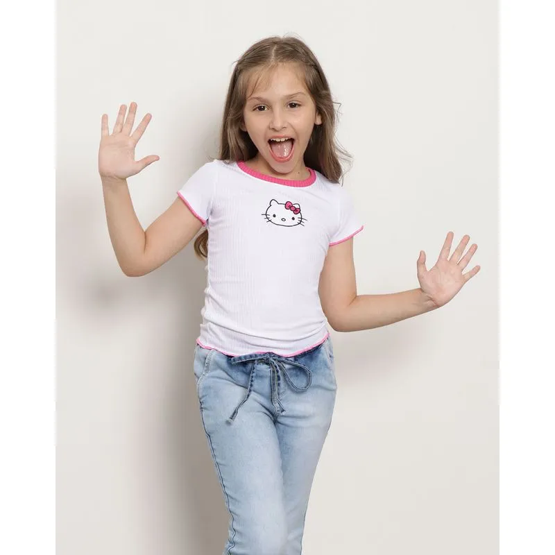 Blusa Infantil Manga Curta Bordado Hello Kitty Branca 8