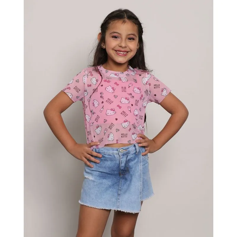 Blusa Infantil Hello Kitty Sobreposição Malha Telada Manga Curta Rosa 4