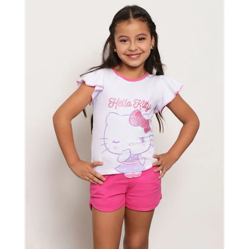 Blusa Infantil Hello Kity Manga Curta Com Babado Estampa Interativa Branca 8