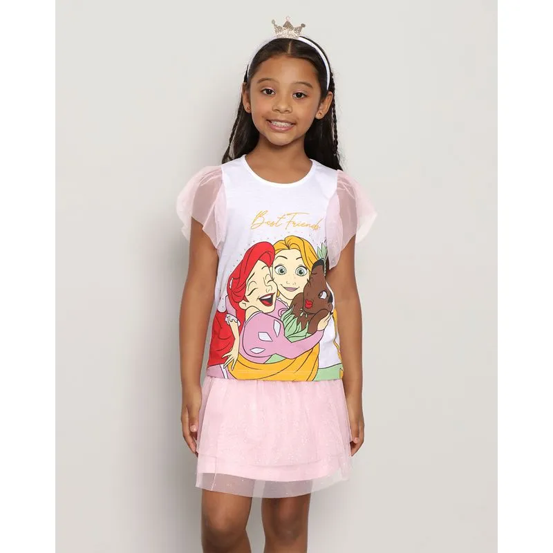 Conjunto Infantil Disney Estampa Princesas com Tiara de Brinde Branco 4