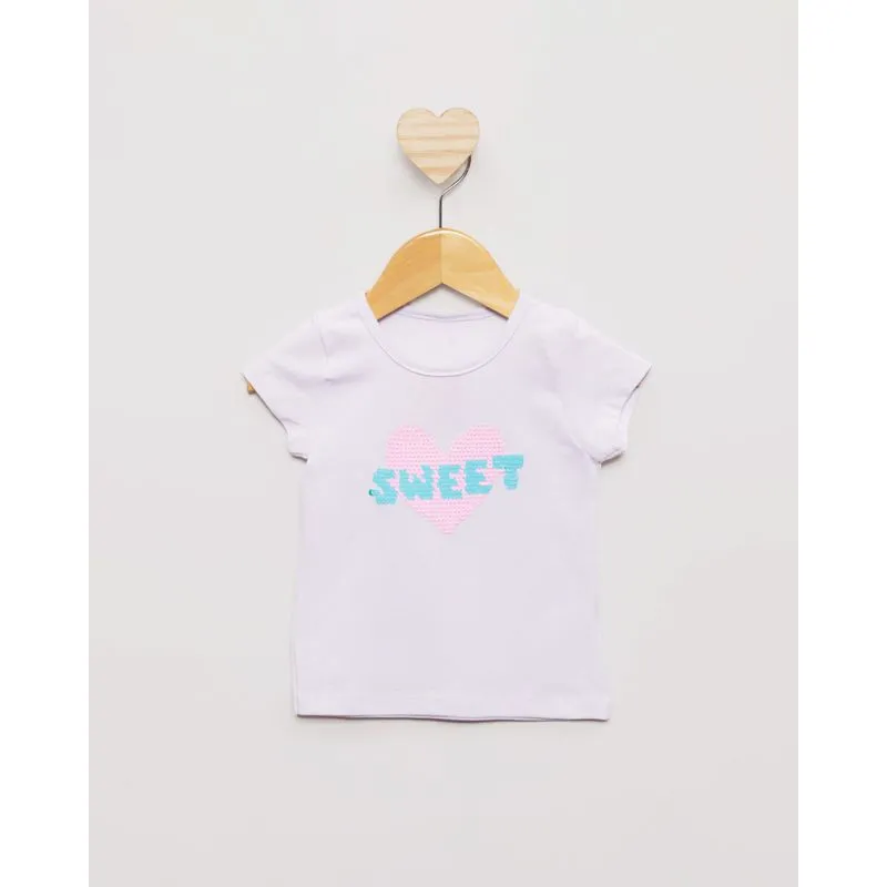 Blusa Bebê Manga Curta Estampa Paetê Reversível Branca 3