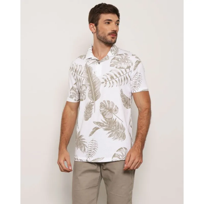 Polo Masculina Manga Curta Estampada Folhagem Branca M