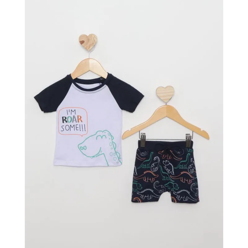 Conjunto Bebê Curto Estampa Dinossauro Branco M