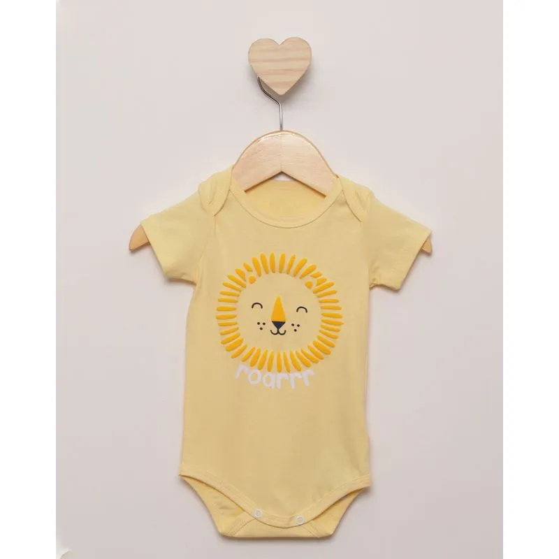 Body Bebê Manga Curta Estampa Leão Amarelo G