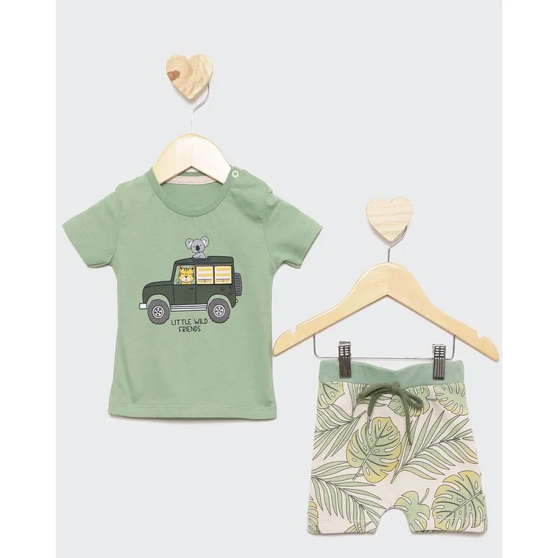 Conjunto Bebê Manga Curta Estampa Interativa Animais Verde G