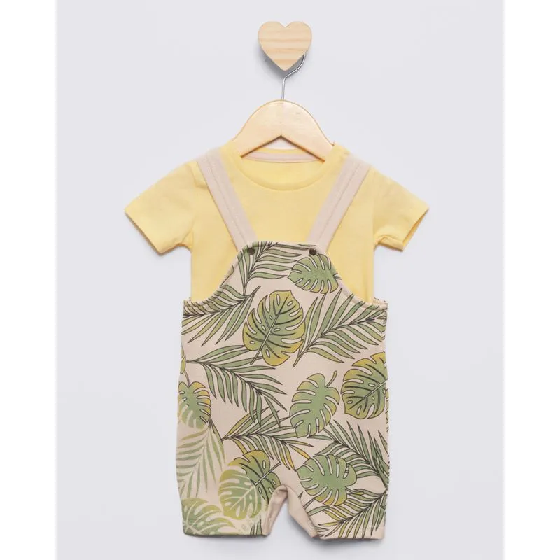 Conjunto Jardineira Bebê Moletinho Estampa Folhagem Verde G