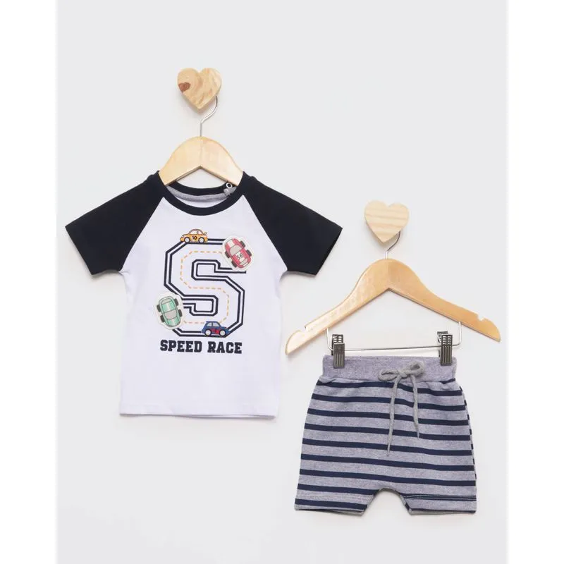 Conjunto Bebê Manga Curta Estampa E Bordado Carrinho Branco P