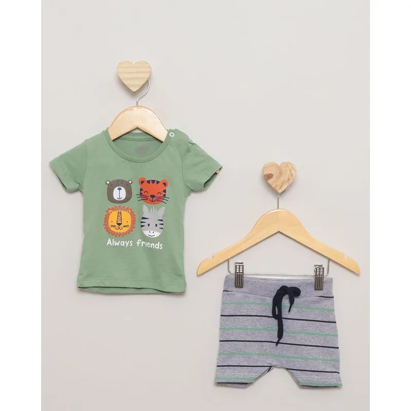 Conjunto Bebê Manga Curta Estampa Animais Verde P