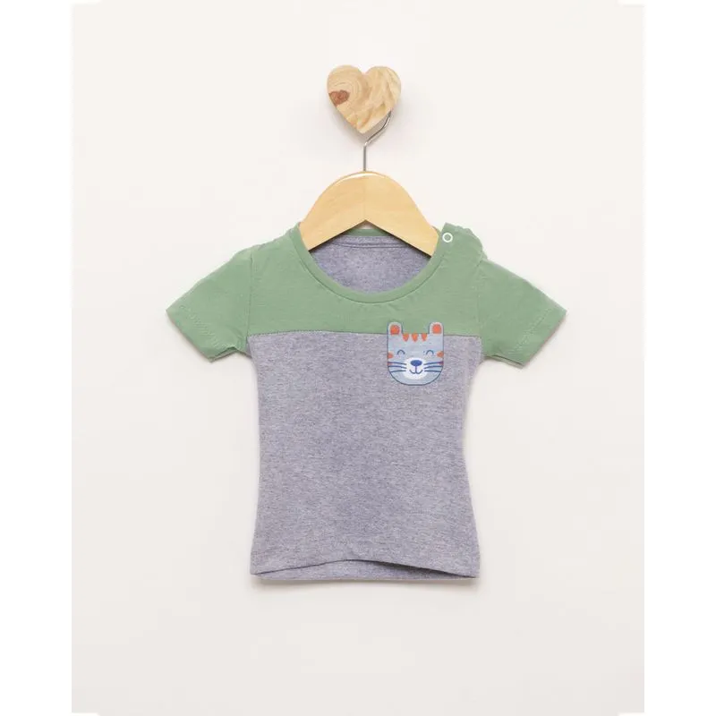 Camiseta Bebê Manga Curta Recortes Estampa Tigre Mescla Cinza P