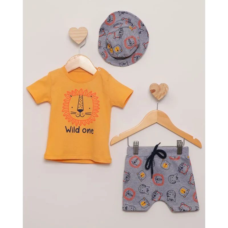 Conjunto Bebê Manga Curta Chapéu Estampa Leão Amarelo M