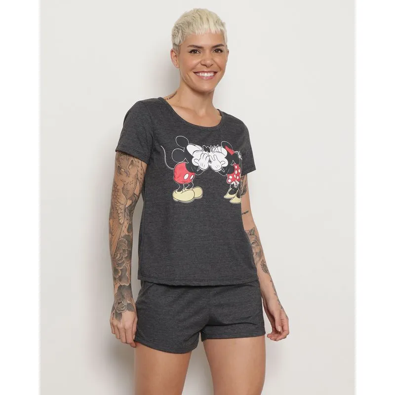 Pijama Feminino Curto Disney Estampa Mickey E Minnie Cinza GG