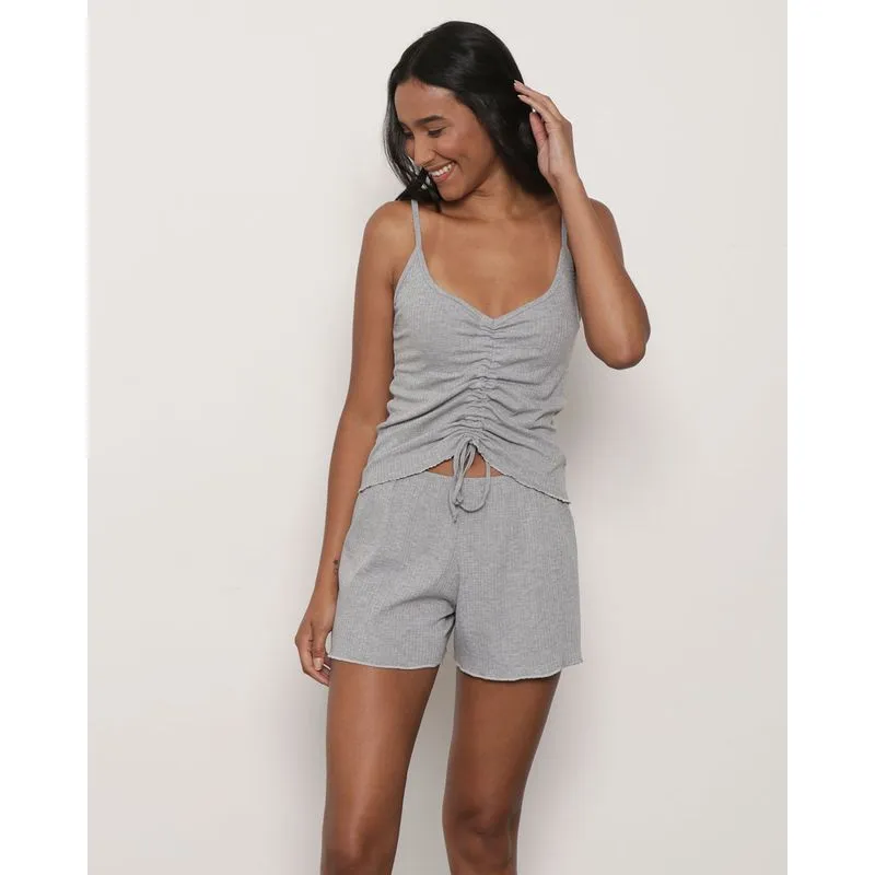 Short Doll Feminina Curto Canelado Colisse Frontal Cinza P