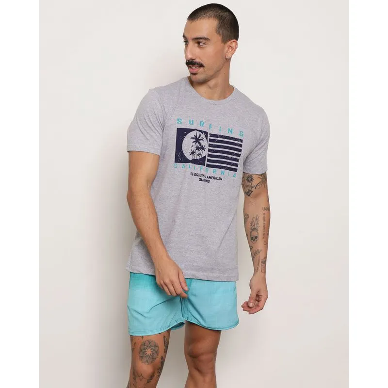 Camiseta Masculina Manga Curta Surf Estampa Frontal Cinza GG