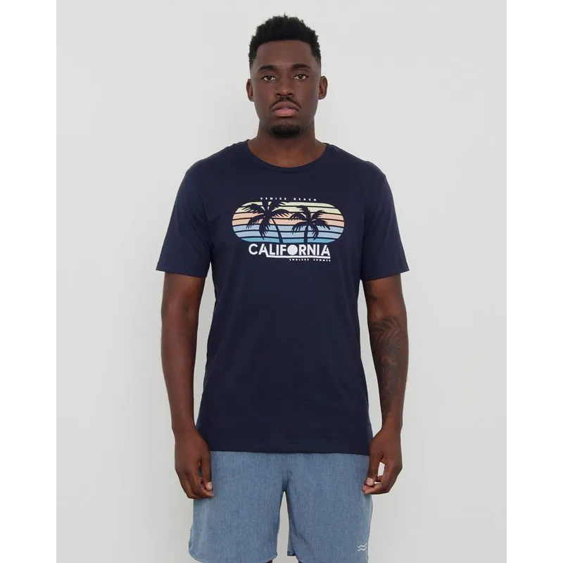 Camiseta Masculina Surf Manga Curta Estampa Coqueiros Marinho GG