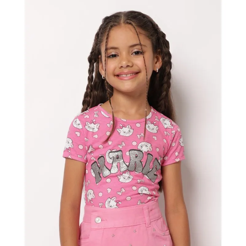 Camiseta Infantil Estampada Disney Marie com Glitter Rosa 8